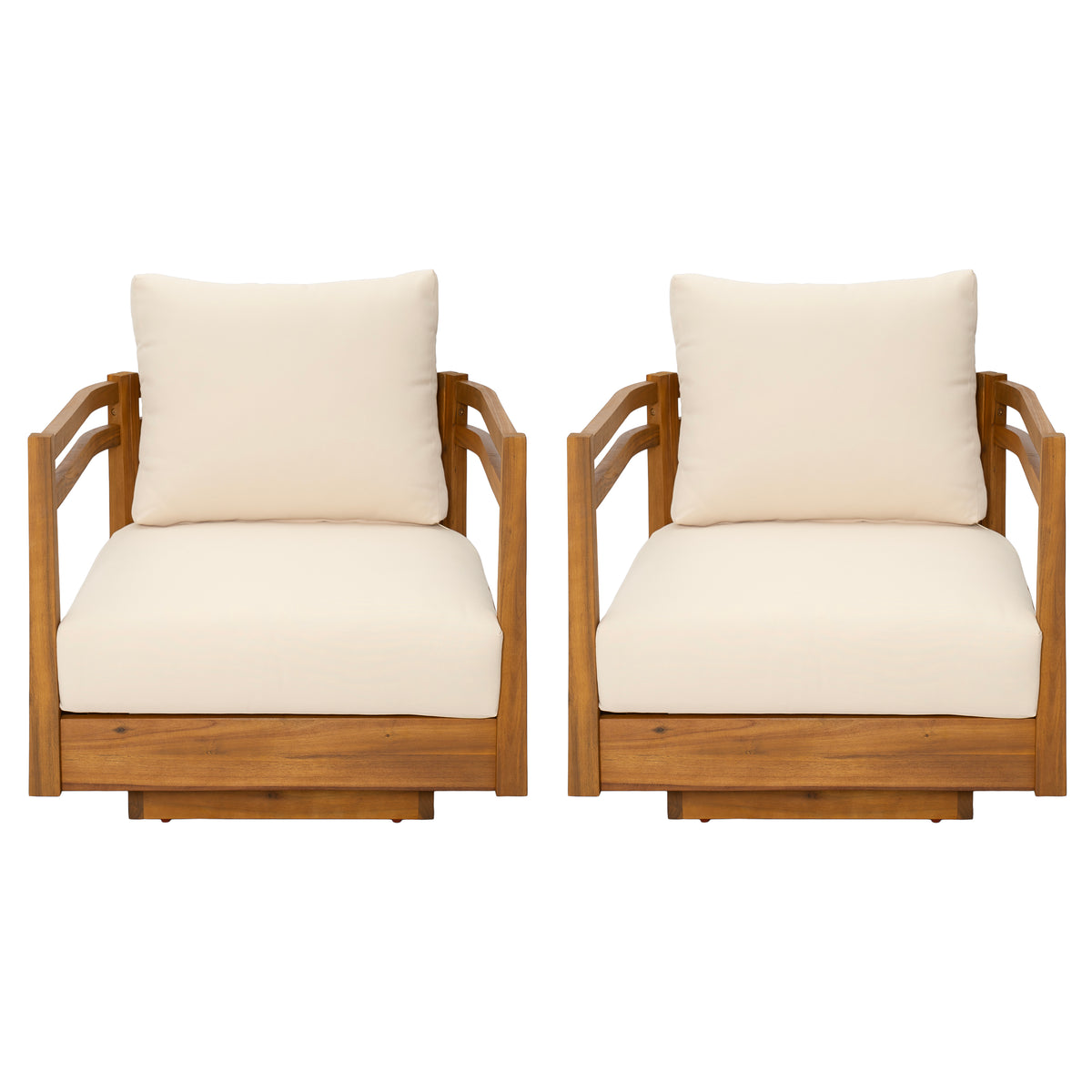 Set of 2 Acacia Wood Outdoor Swivel Chairs with Beige Cushions, Natural Wood Frame, Modern Patio Lounge Furniture