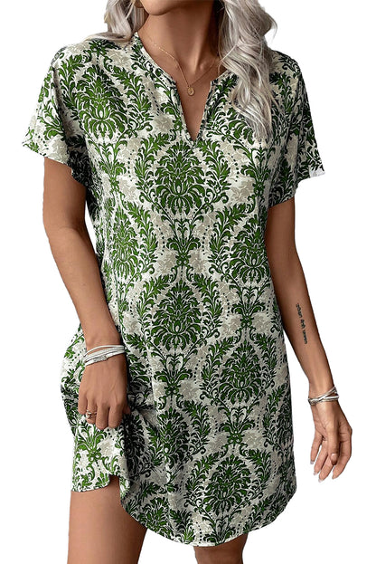 Green Floral Print V Neck Short Dolman Sleeve Mini Dress - Eloy Royal