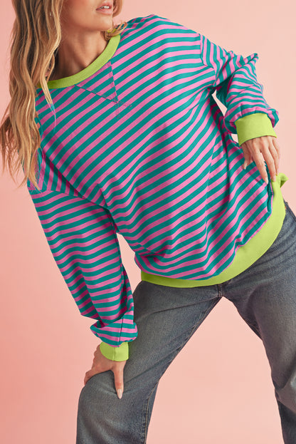 Green Stripe Contrast Edge Oversized Sweatshirt