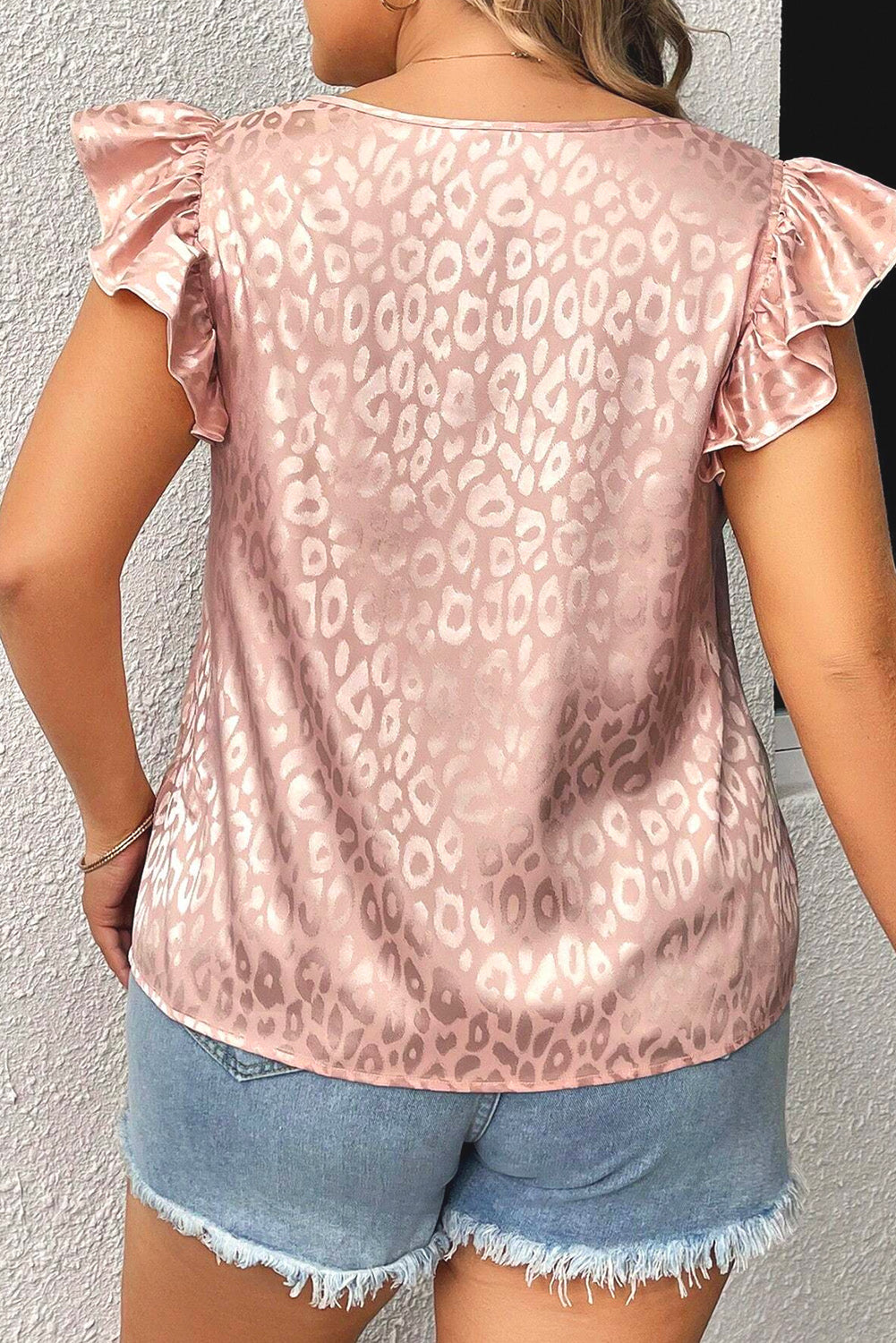 Pink Plus Size Leopard Print Ruffled Flutter Sleeve Satin Blouse - Eloy Royal