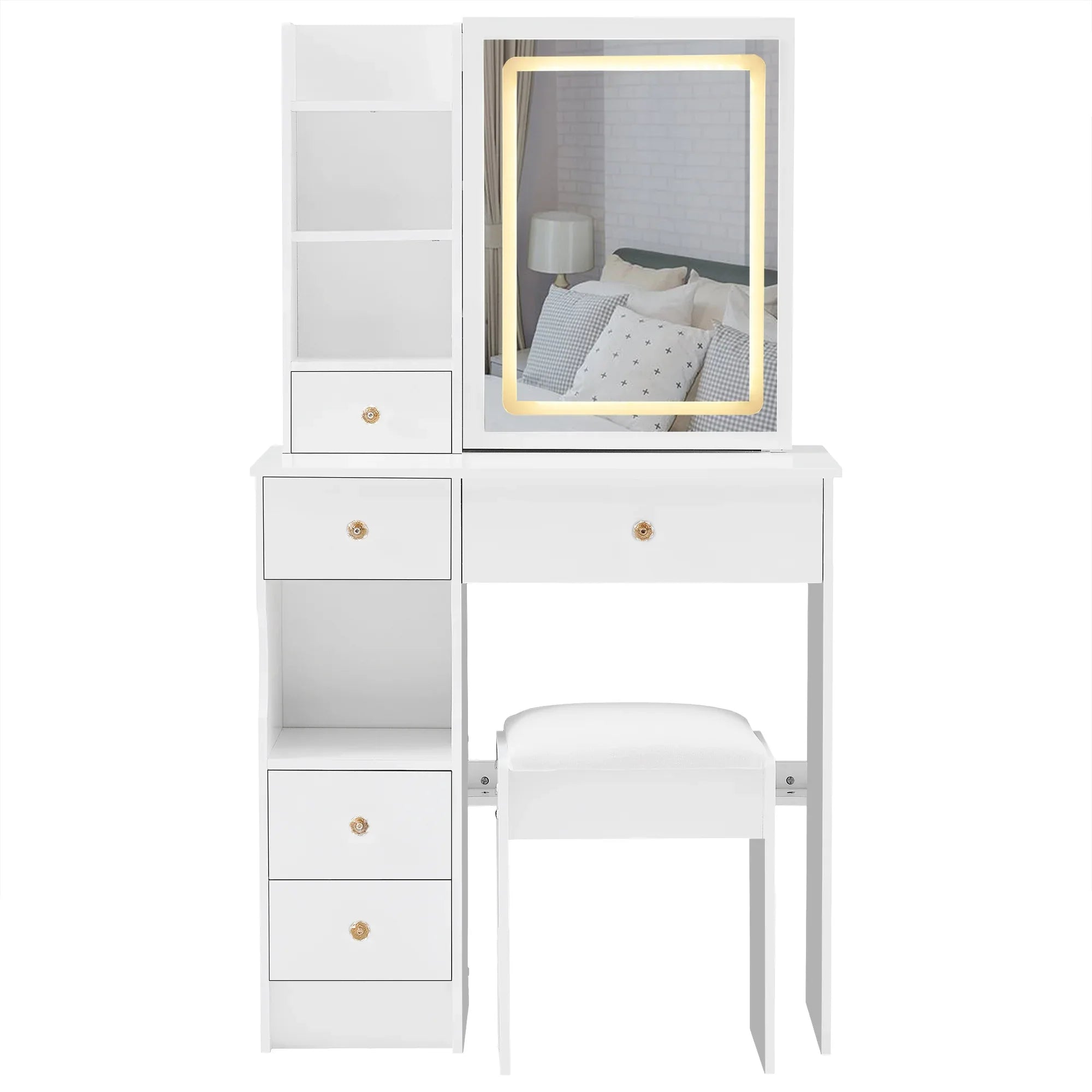 29.2' Small Size Left Drawer Desktop Vanity Table + Cushioned Stool, Large Sliding, Touch Control, Tri-color Switching, Brightness Adjust LED Mirror, High Capacity Storage, Suitable for Small Space - Eloy Royal