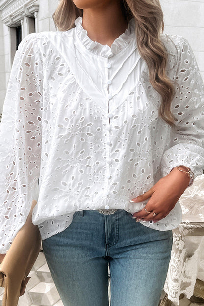 White Ruffle Stand Neck Eyelet Button Blouse