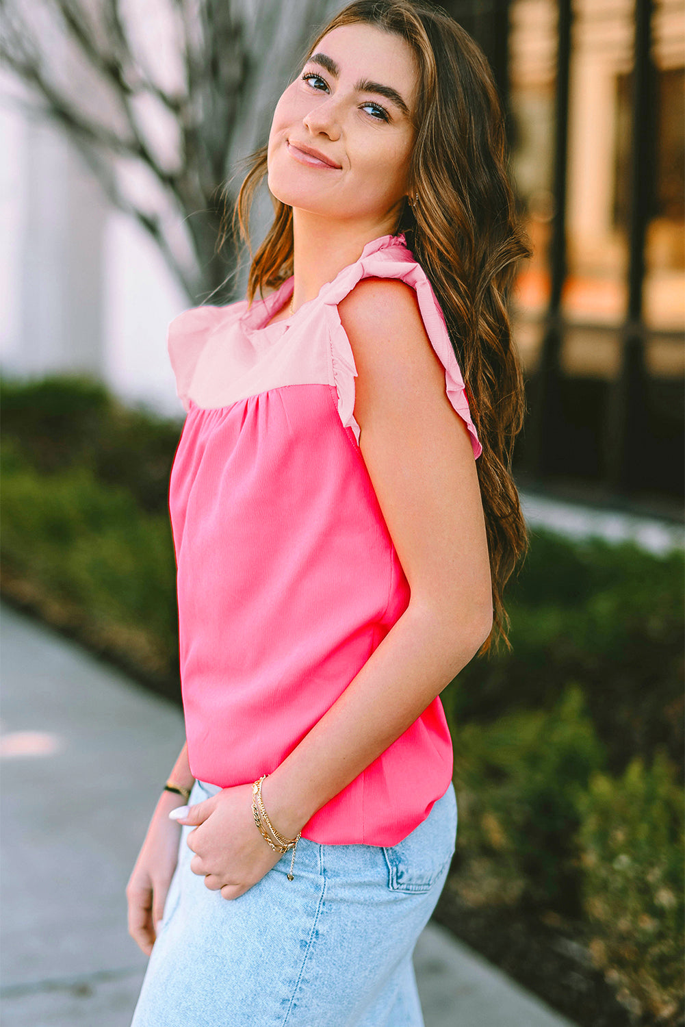 Orange Colorblock Splicing Pleated Ruffle Trim Blouse - Eloy Royal