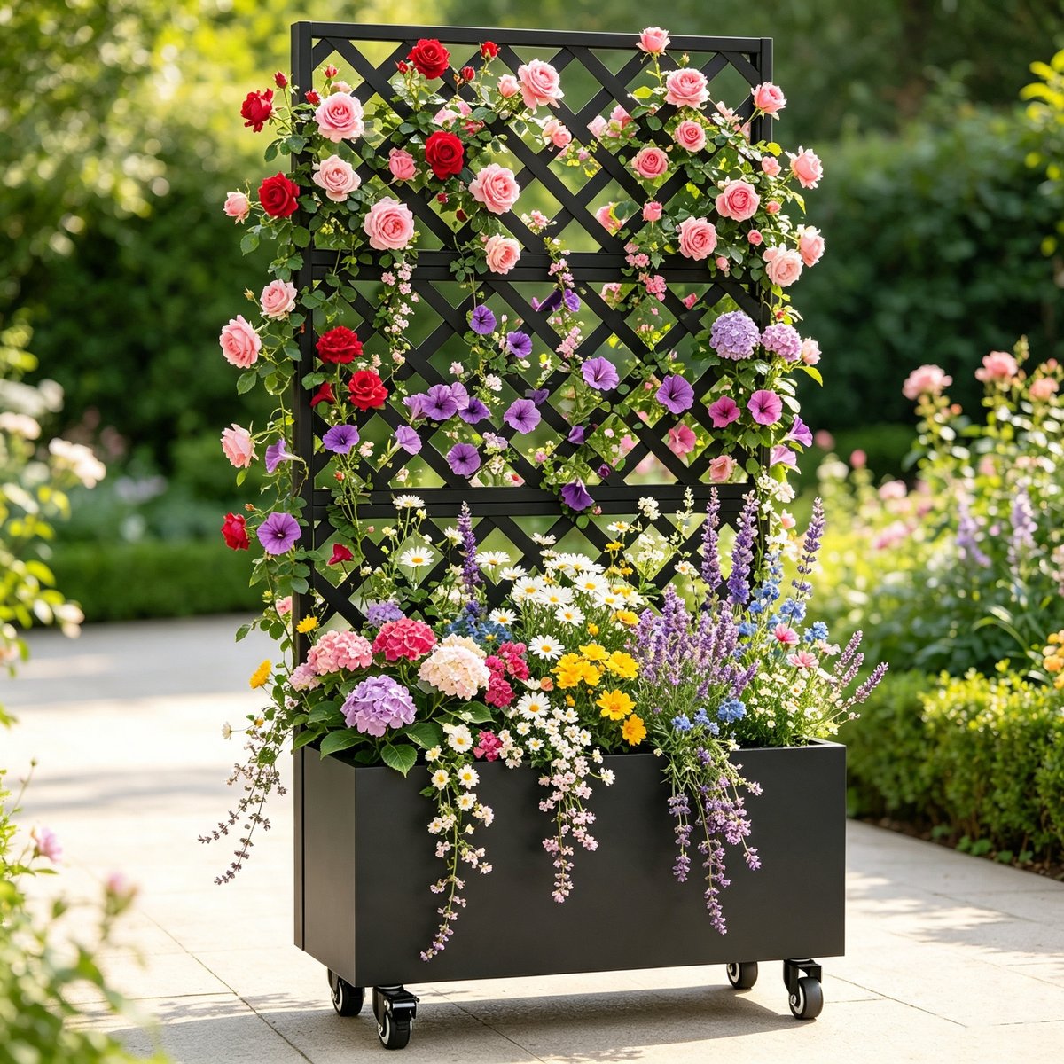 72' Metal Raised Garden Bed with Trellis & Wheels, Galvanized Steel Planter Box with Privacy Screen for Climbing Plants, Vegetables & Vines, Outdoor Elevated Garden Bed, 72.05'x35.83'x16.14'
