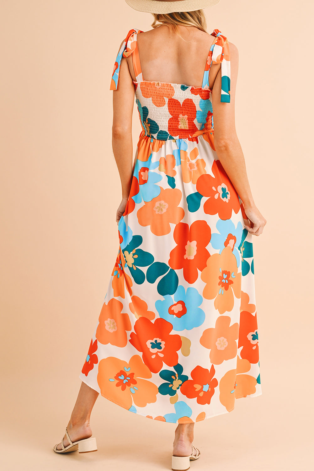 Orange 60s Floral Printed Shoulder Tie Smocked Maxi Dress - Eloy Royal