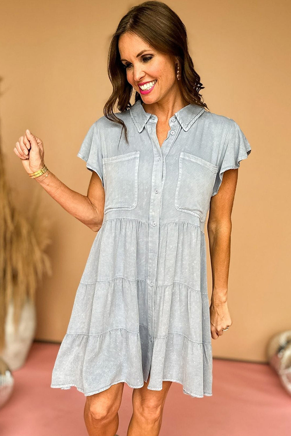 Bonbon Mineral Washed Ruffle Sleeve Tiered Chambray Dress - Eloy Royal