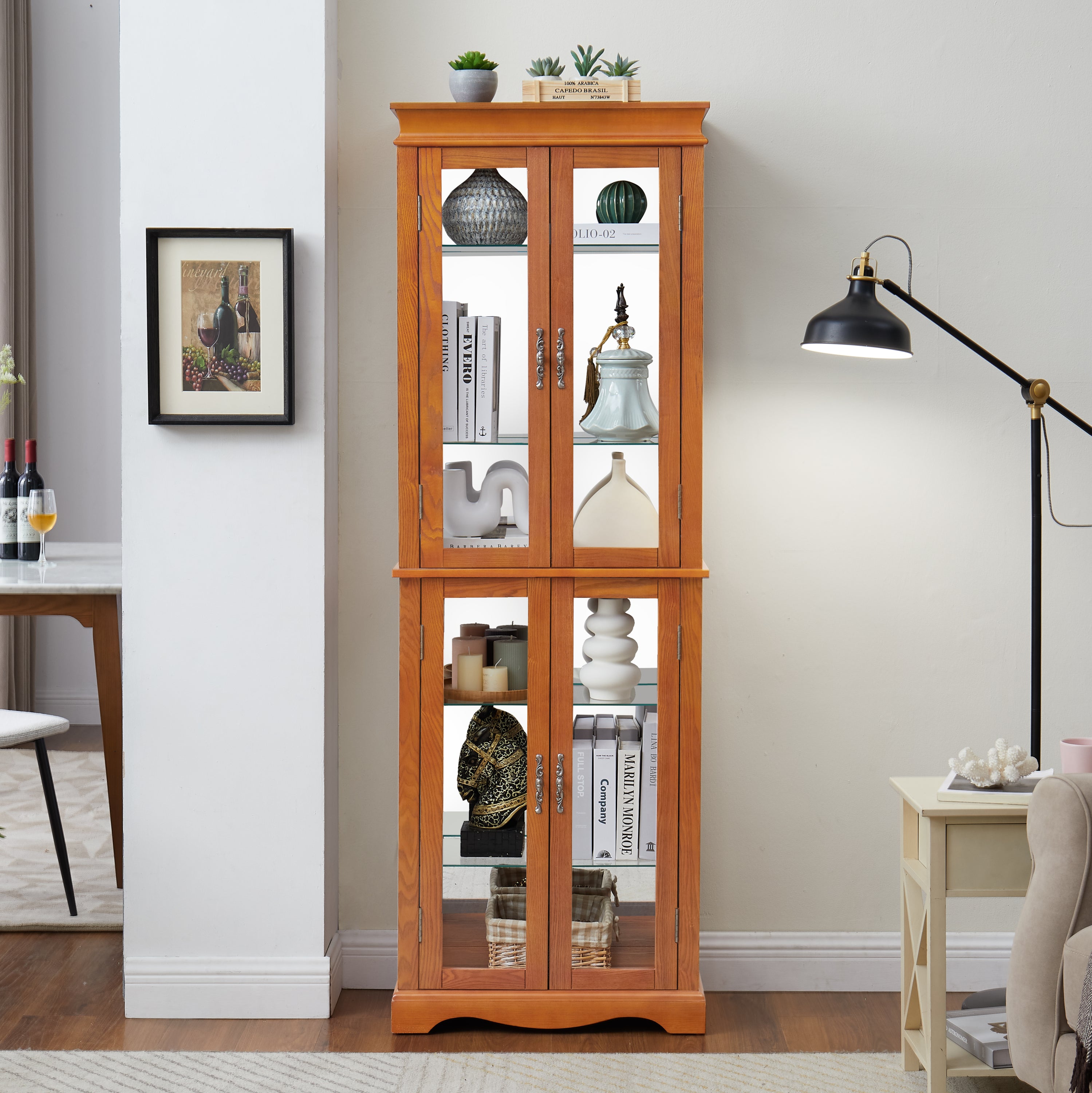 Lighted Glass Curio Display Cabinet with Wood Frame - Elegant Glass Storage for Wine, Toys & Collectibles - Perfect for Living Room, Kitchen & Pantry - Bulb Included, OAK