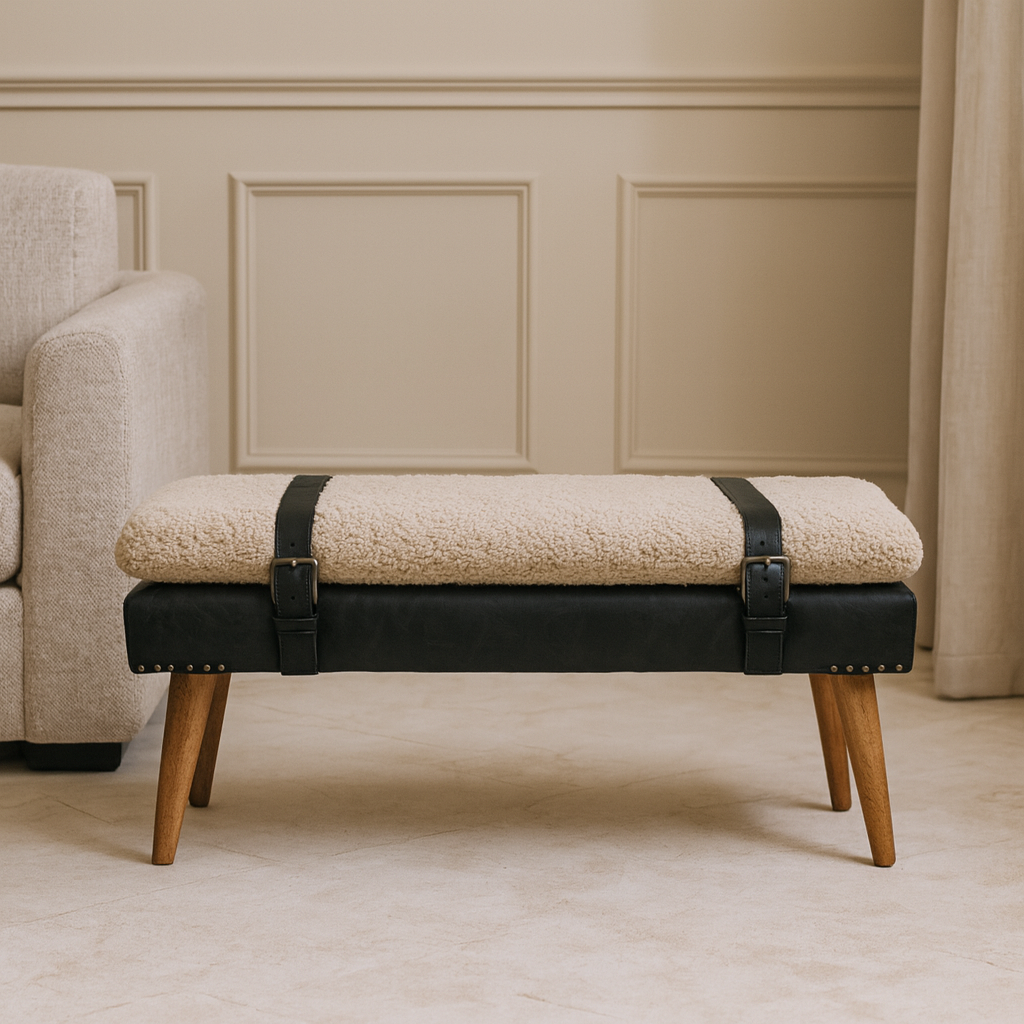 Boucle x Leather Upholstered Bench, Nordic Legs, Black and Beige