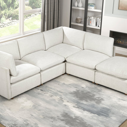 Modern Modular 5-Piece Sectional Sofa w Ottoman Beige Fabric Upholstered Durable Solid Wood Frame Living Room Furniture