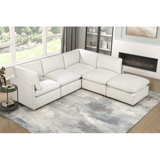 Modern Modular 5-Piece Sectional Sofa w Ottoman Beige Fabric Upholstered Durable Solid Wood Frame Living Room Furniture