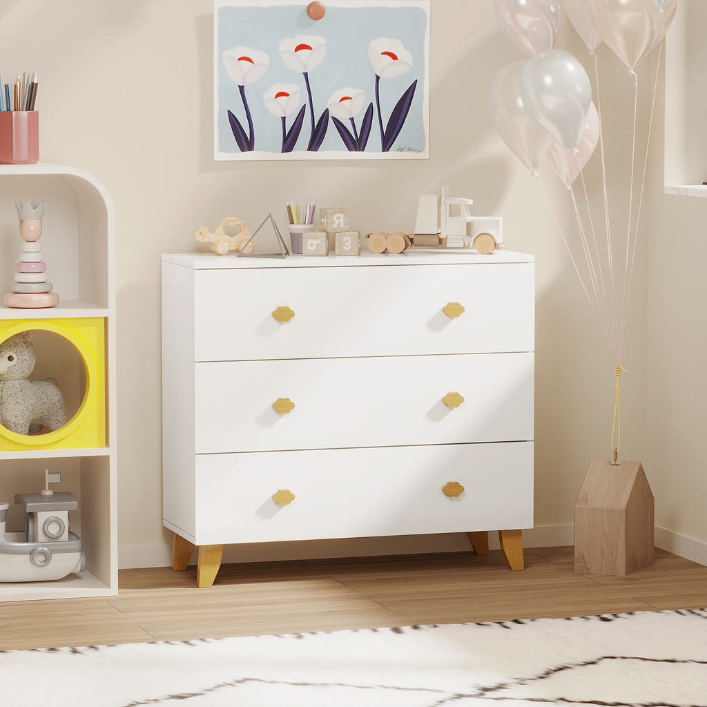 Kids Dresser with 3 Drawers, Wooden Cloud Handles & Pine Legs, MDF Chest of Drawers for Kids Room, Nursery Storage Cabinet, White