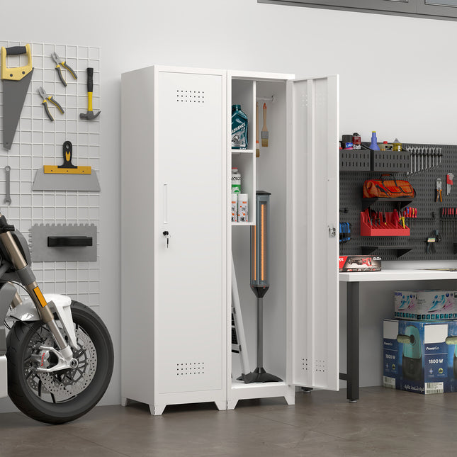 Metal Broom Storage Cabinet, 65' Narrow Broom Cabinet With Hooks, Slim Bathroom Storage Cabinet With Shelves, Heavy-Duty Cleaning Storage Cabinet For Utility Room, Gym, Office, Garage, Utility Shelves