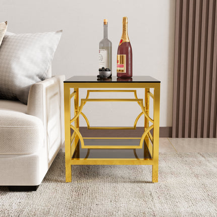 19.7' Modern Gold Square Side Table with Tempered Glass Top & Storage Shelf, Luxury Glam End Table with Metal Frame for Living Room, Bedroom, Sofa Side, Small Space Accent Table