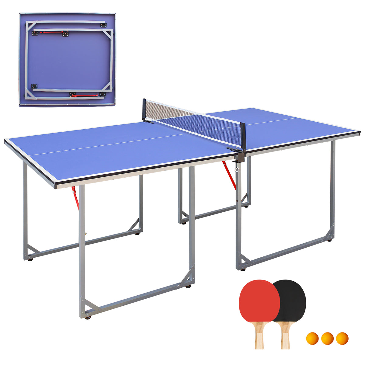 6ft Mid-Size Table Tennis Table, Foldable & Portable Ping Pong Table Set for Indoor & Outdoor Games with Net, 2 Table Tennis Paddles and 3 Balls (Sliver Table Legs)