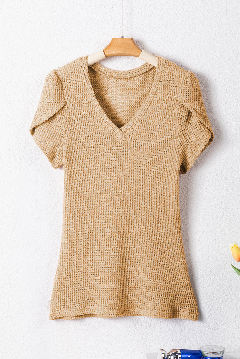 Mist Green Tulip Sleeve Waffle Knit V Neck T-Shirt - Eloy Royal