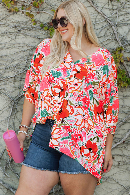 Rose Plus Size Floral Print Boho Kimono Sleeve Shirt - Eloy Royal