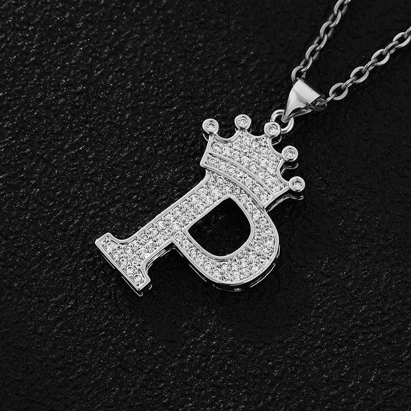 Unisex Copper Inlaid Zircon Crown English Letter Pendant Necklace