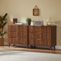 Fluted 3 Drawer Dresser Set of 2, Mid-Century Modern Tall Chest of Drawers with Vertical Grooved Design, Solid Wood Storage Cabinet with Metal Handles for Bedroom Living Room, Walnut