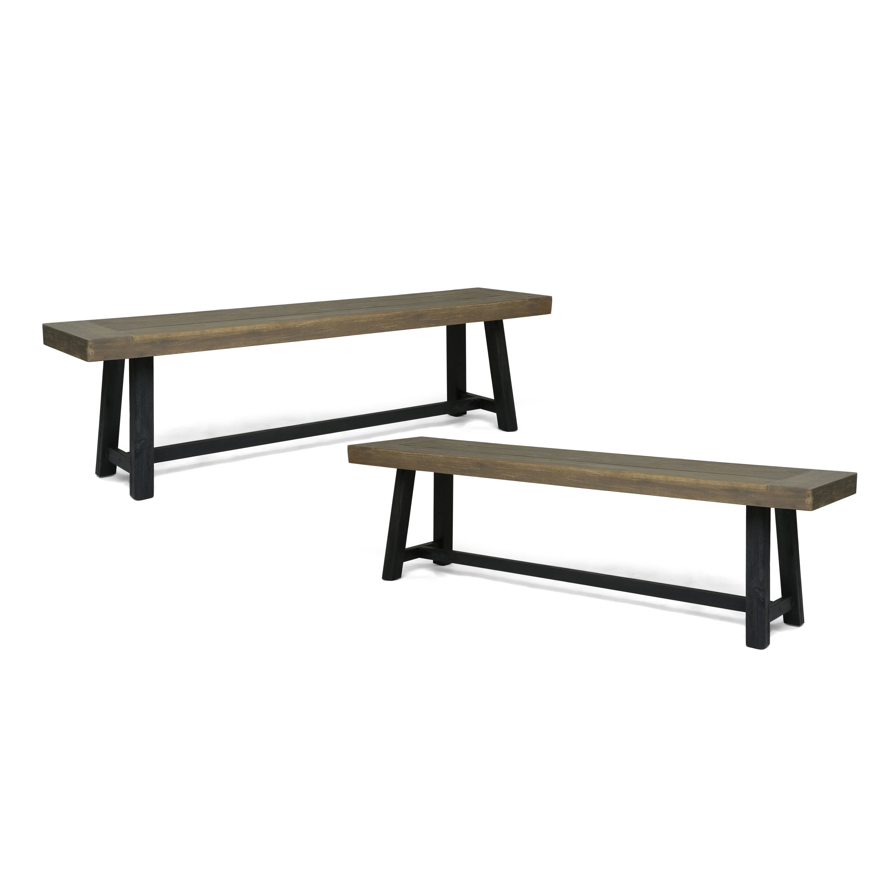 Cloud Outdoor Bench with Acacia Wood Frame and Slat Panel Design, Set of 2,Sandblast Grey and Black