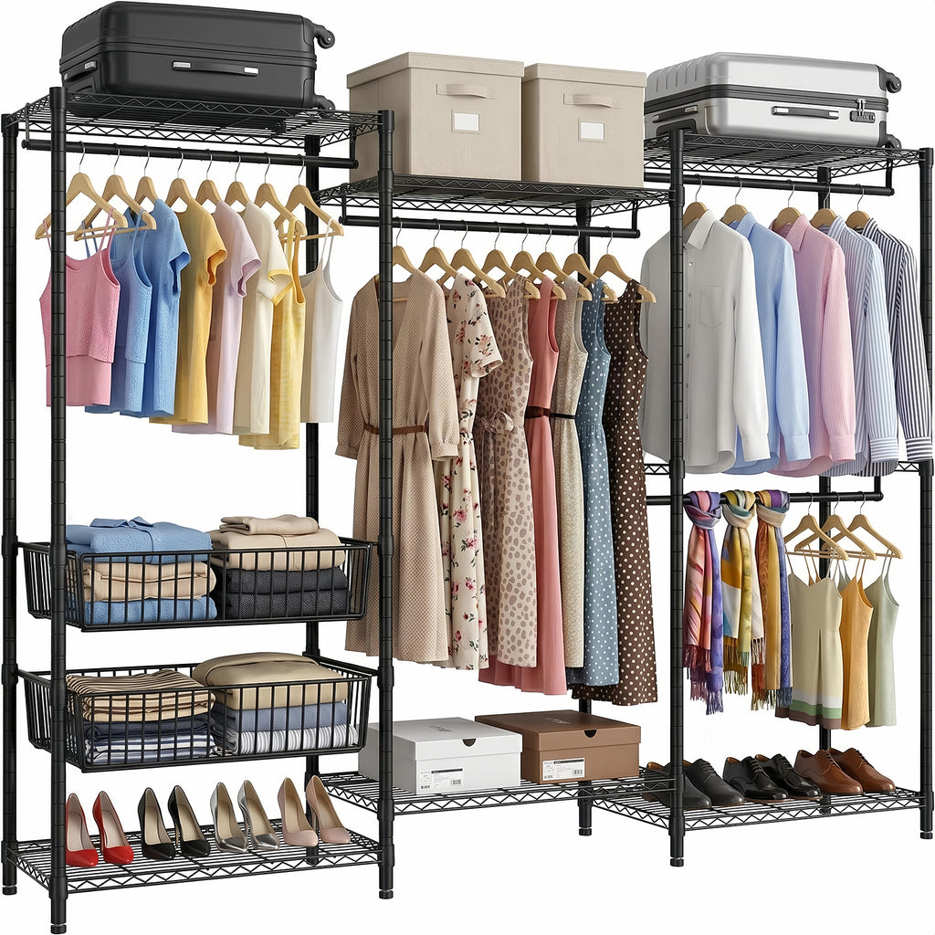 Heavy Duty Clothes Rack, Freestanding Garment Rack with 4 Hanging Rods & 2 Wire Baskets, Large Size Clothing Rack with Adjustable Wire Shelves, 68.5' W x 17.1' D x 76.4' H, Black