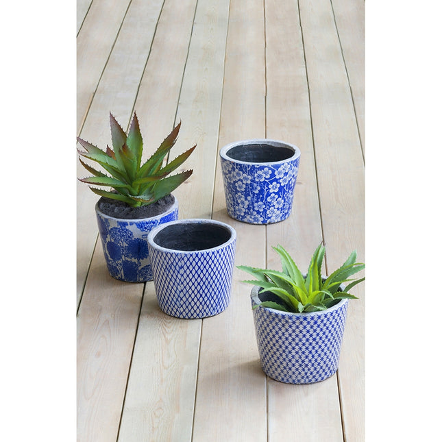 Set of 4, D7.5x6' Terracotta Planter, Distressed Blue White