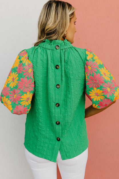 Bright Green Floral Print Puff Sleeve Button Back Fill Neck Blouse - Eloy Royal