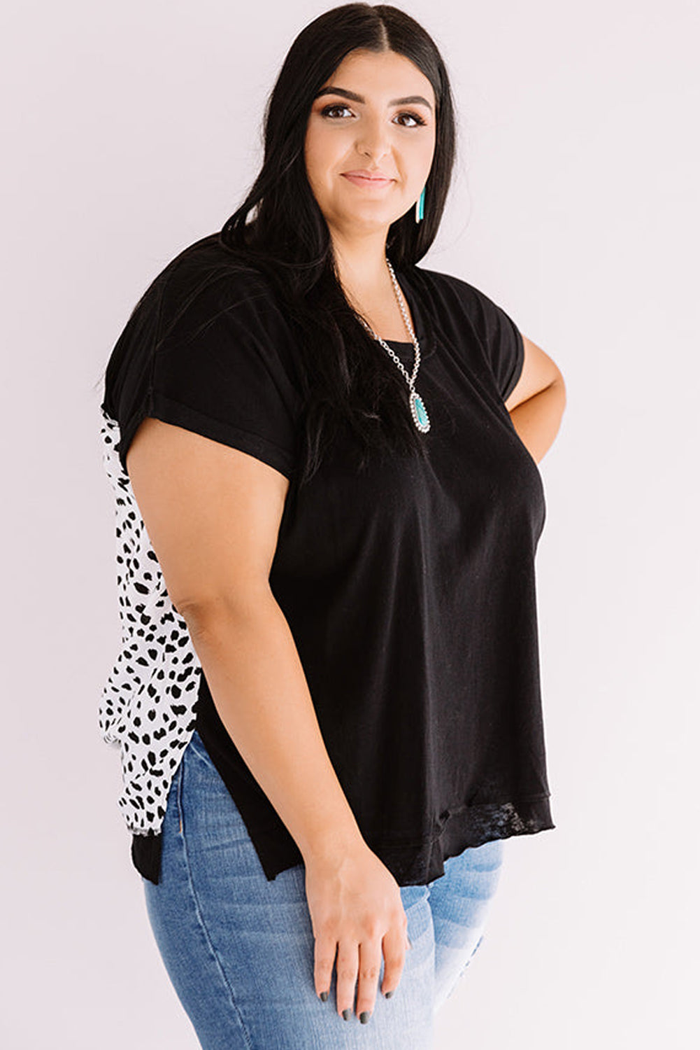 Black Plus Size Leopard Print Back Roll Up Sleeve T Shirt - Eloy Royal