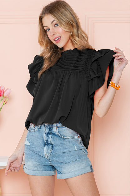 Grapefruit Orange Ruched Frilled Neck Ruffle Blouse - Eloy Royal