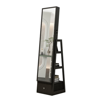 360°Swivel Jewelry Cabinet with Full Length Mirror, 360°Rotating Standing Jewelry Armoire Organizer, Lockable Storage Cabinet, Interior Lighted Mirror and Storage Drawers, Black