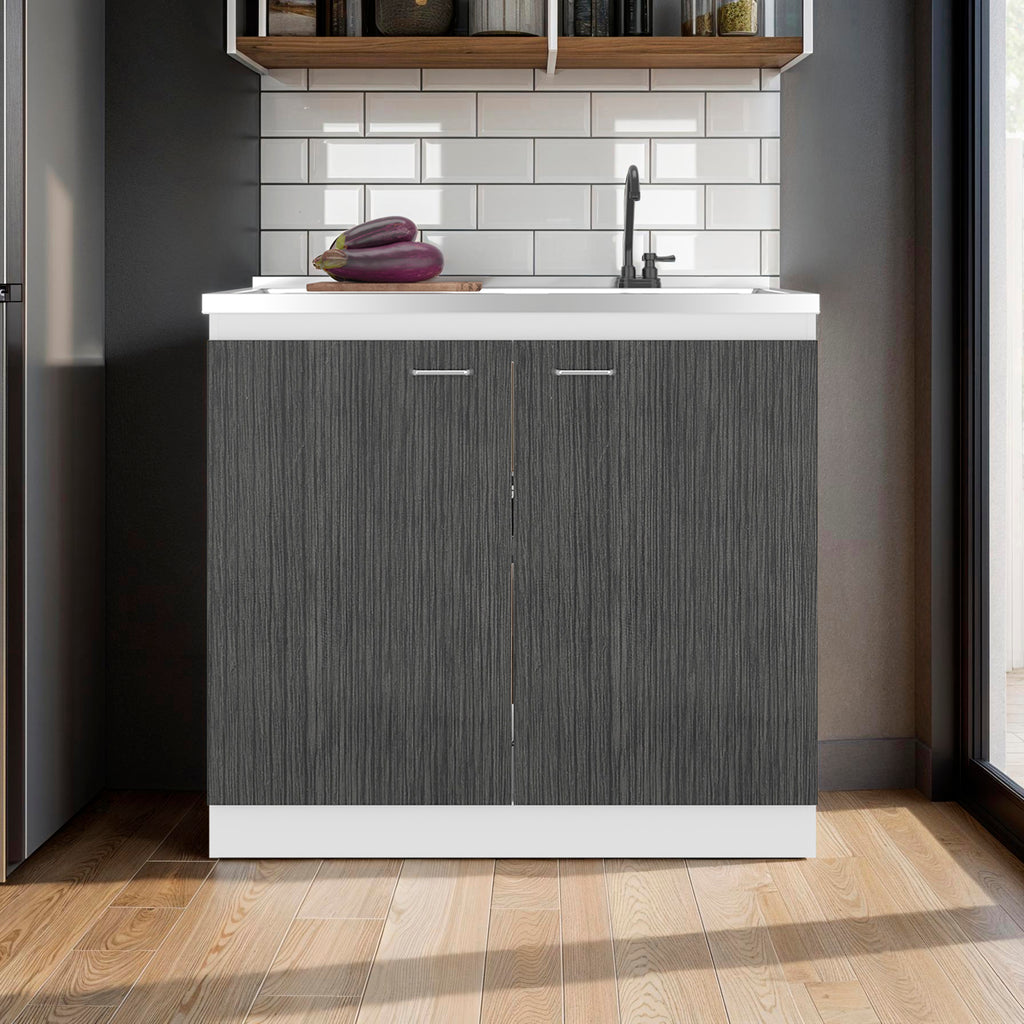 Extremo Kitchen Storage Cabinet with 2 Doors and 3 Shelves, WHITE AND SMOKY OAK