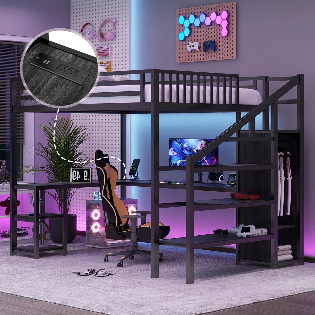 Metal Queen Loft Bed with Wardrobe and LED Light, Queen Size Loft Bed with L Shaped Desk and USB for Kids Teens Adults, Black(Old SKU W2593S00033)