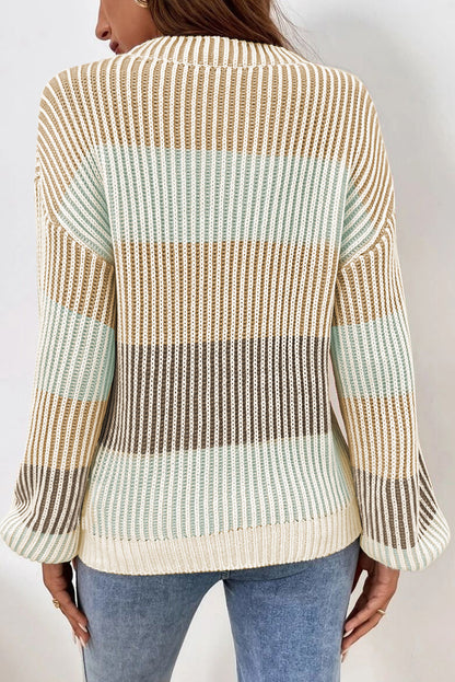 Brown Colorblock Lantern Sleeve Rib Knitted Sweater