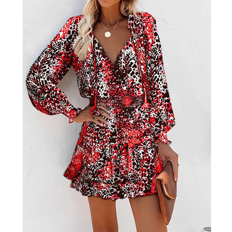 Flowers Print Long Sleeve Dress Fashion Patchwork Puff Sleeve Waist Dresses Womens Clothing