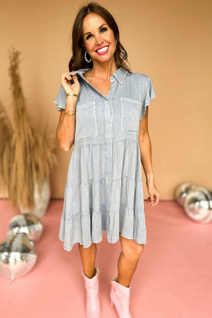 Bonbon Mineral Washed Ruffle Sleeve Tiered Chambray Dress - Eloy Royal