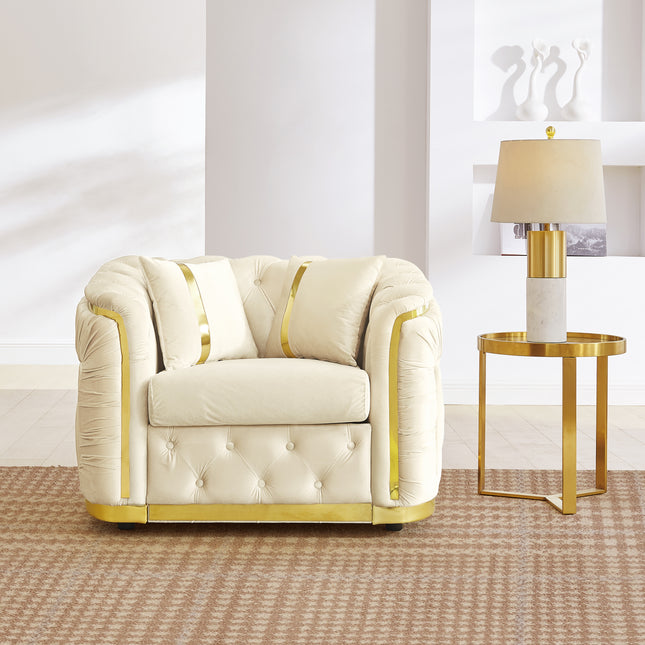 40.6 Inches Mid Century Modern Chesterfield 1-Seater Sofa, Luxury Velvet White and Gold Couch for Living Room Tufted Armchair with Stainless Steel Decoration & 2 Pillow, Beige