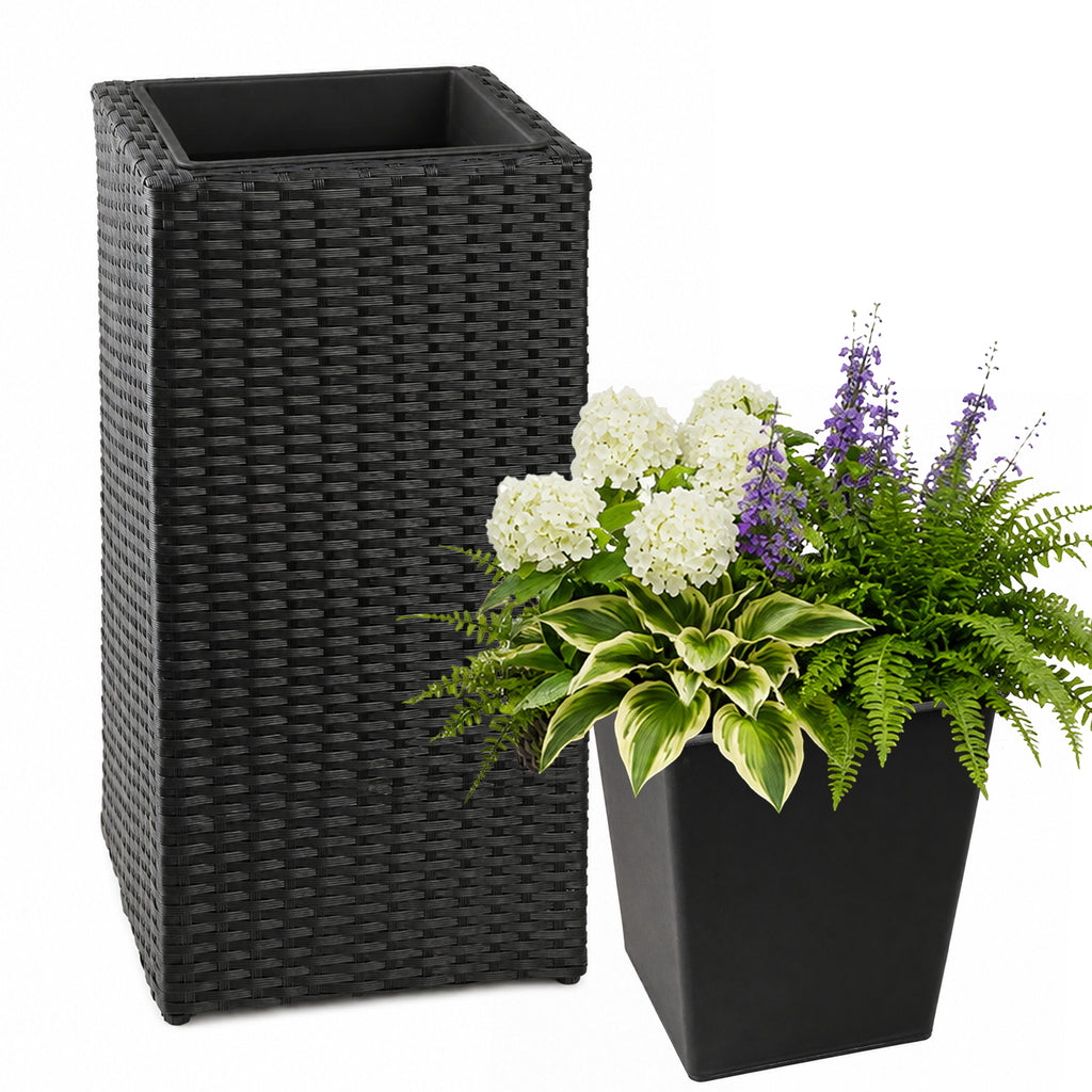 SOLHOME 25.2' Tall Black Square Planter Box, Resin Wicker Plant Pot with PP Insert – Indoor Outdoor Decorative Planter for Patio or Entryway