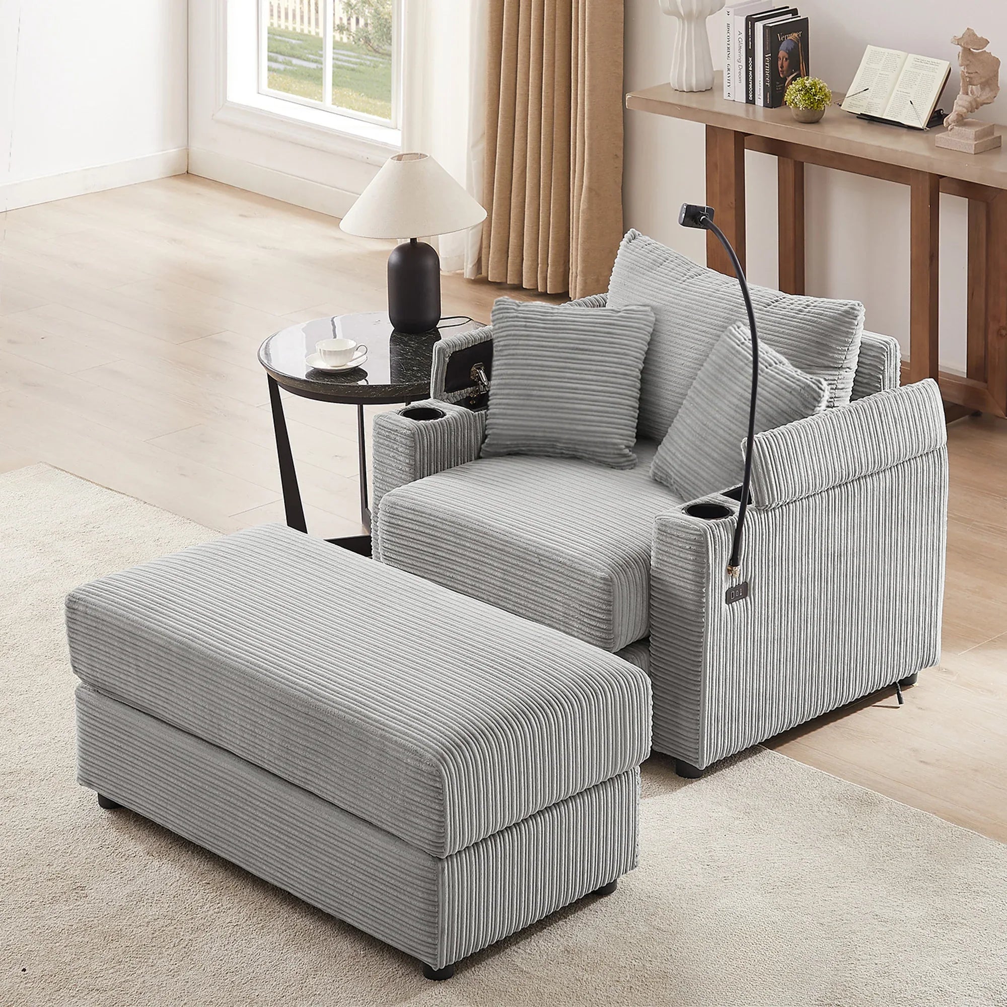 Modern Style Single Sofa Couch with Storage, USB Ports, Cup Holders, and Phone Holder, Grey Corduroy, 41.7' - Eloy Royal