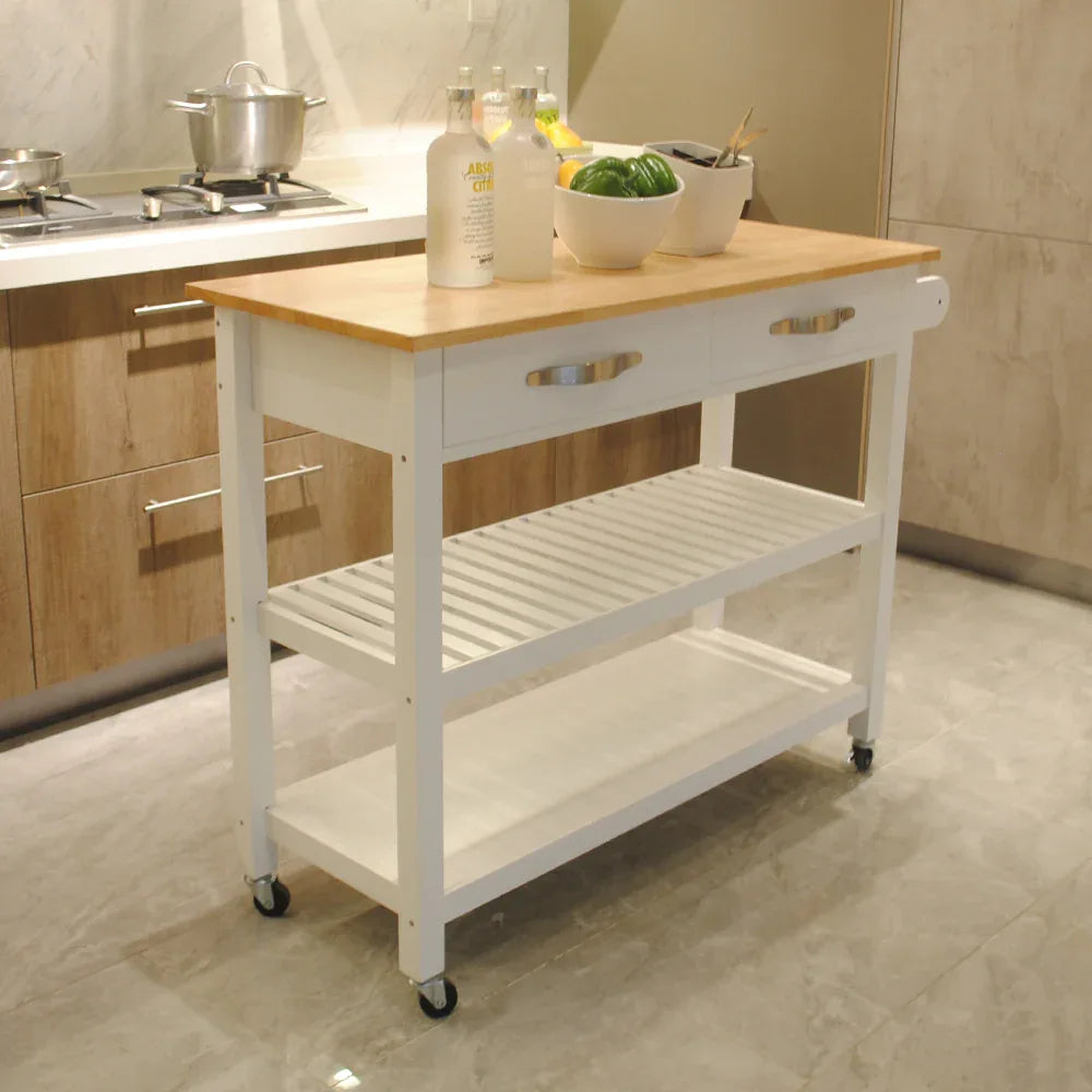 Kitchen Island & Kitchen Cart, Rubber Wood Top, Mobile Kitchen Island with Two Lockable Wheels, Simple Design for Easy Storing and Fetching, Two Drawers Give Unique Storage for Special Utensil. - Eloy Royal