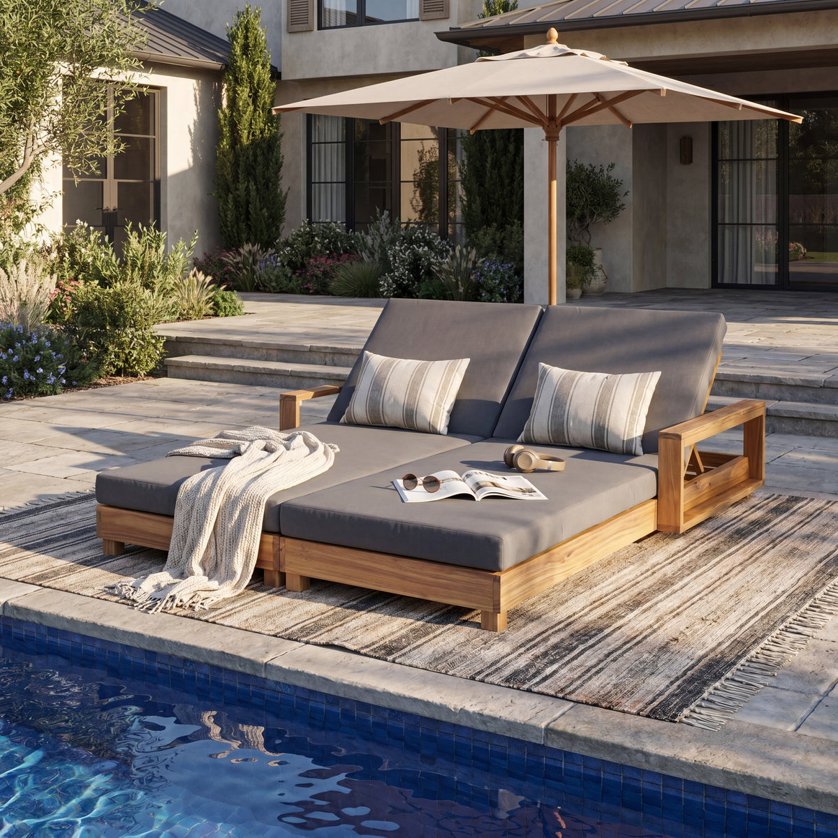 Double Acacia Wood Chaise Lounge Set, 1 Double Recliner with 2 Pieces 2-Fold Dark Grey Cushions, 4-Position Adjustable Backrests,Water Resistant Cushion, 800 LBS Capacity for Patio Pool Backyard