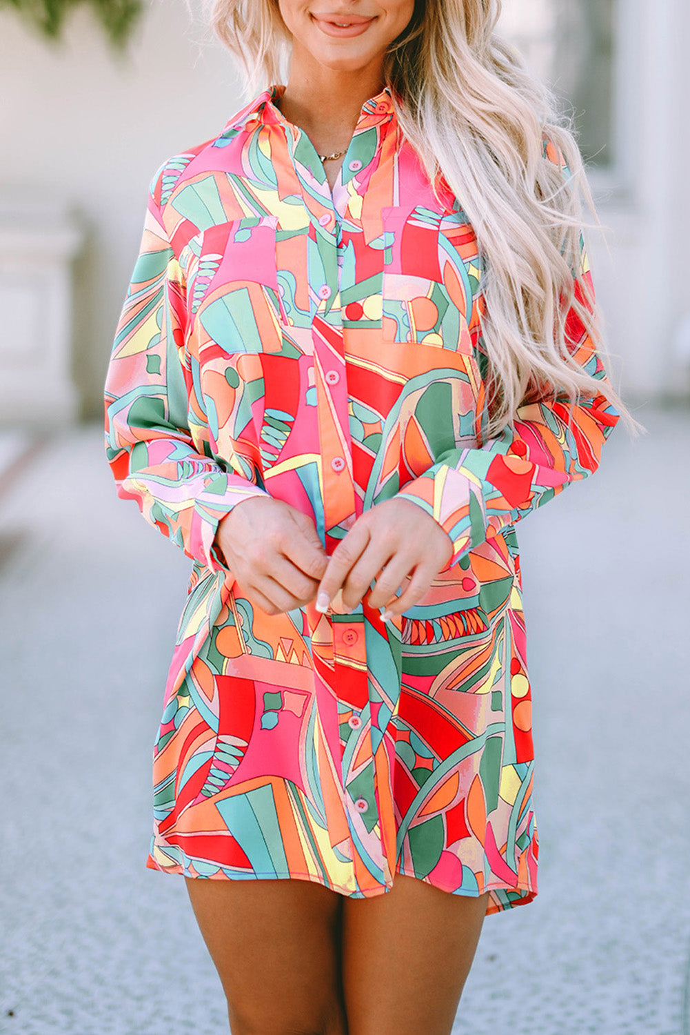 Multicolor Abstract Print Long Sleeve Shirt Dress - Eloy Royal