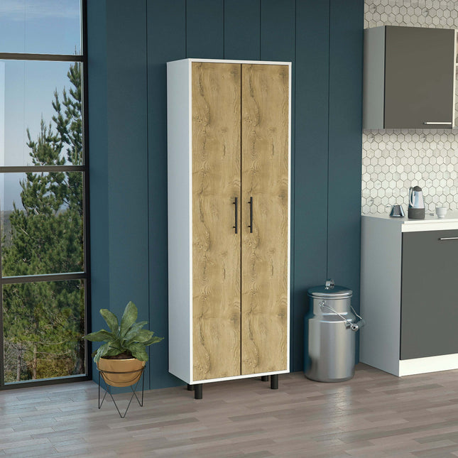 Multistorage Cabinet 71'H, Five Internal Shelves, Two Doors, White/Macadamia