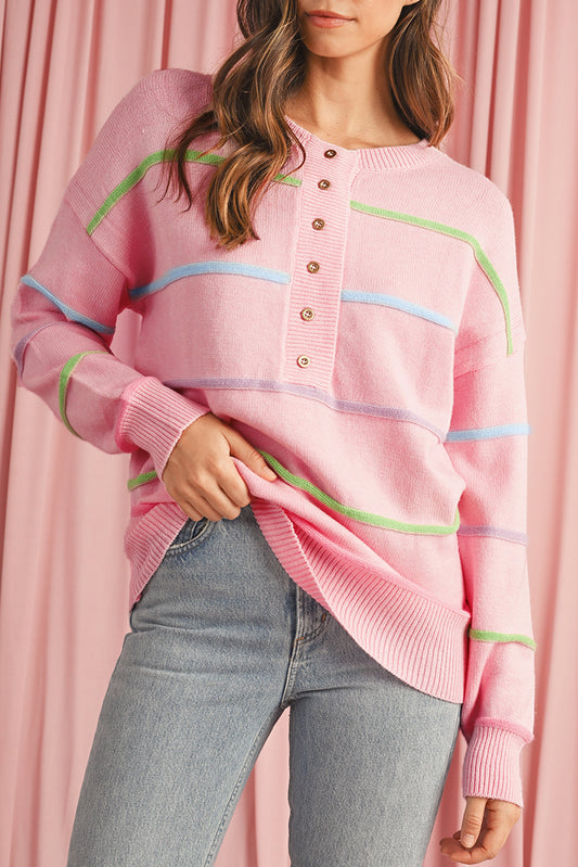 Pink Rainbow Striped Drop Sleeve Henley Sweater