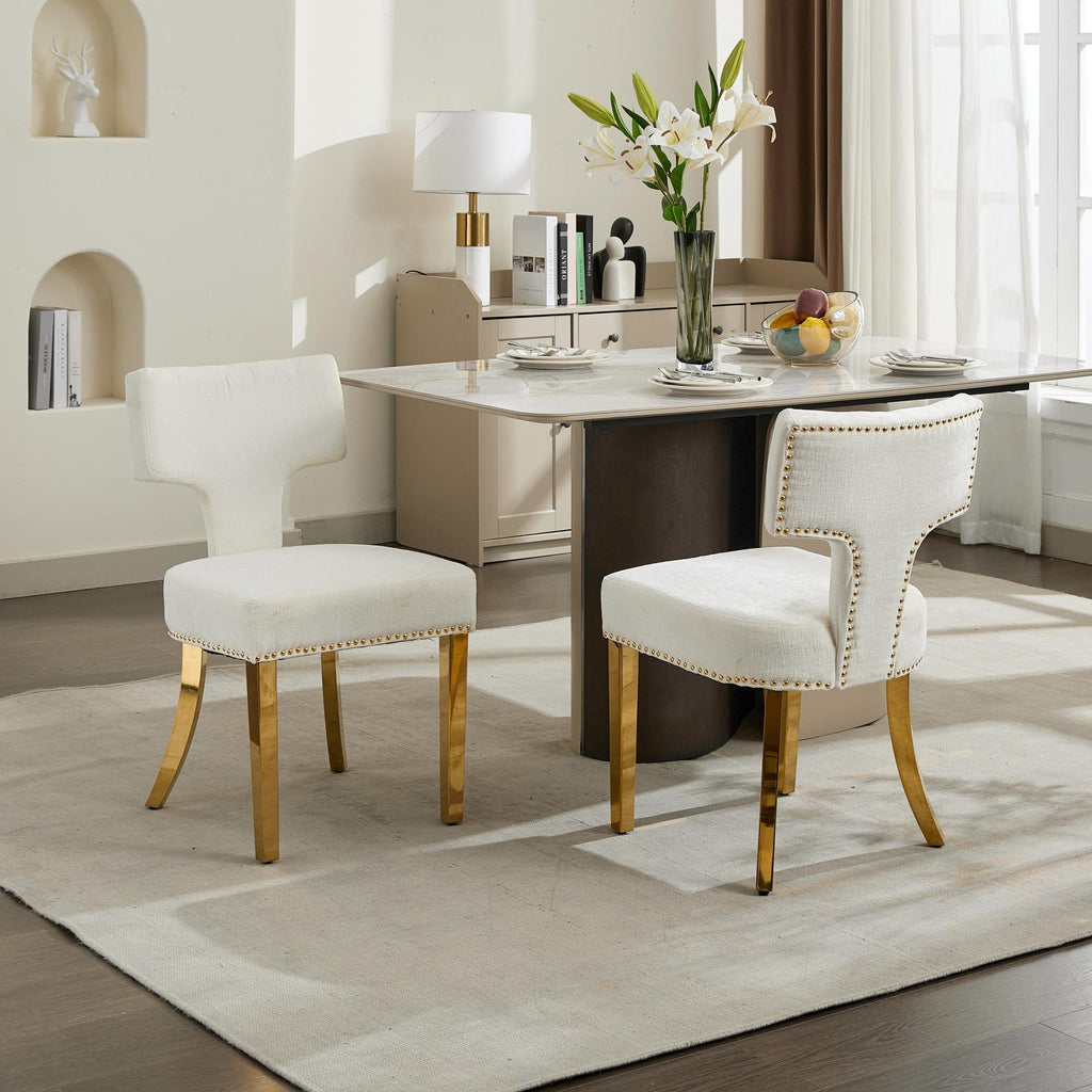 Mid Century Modern Dining Chairs Set of 2, Farmhouse Chenille Fabric Upholstered Accent Chair Curved Backrest with Copper Nails around,Kitchen Chairs with Golden Stainless Steel Plating Legs, Beige