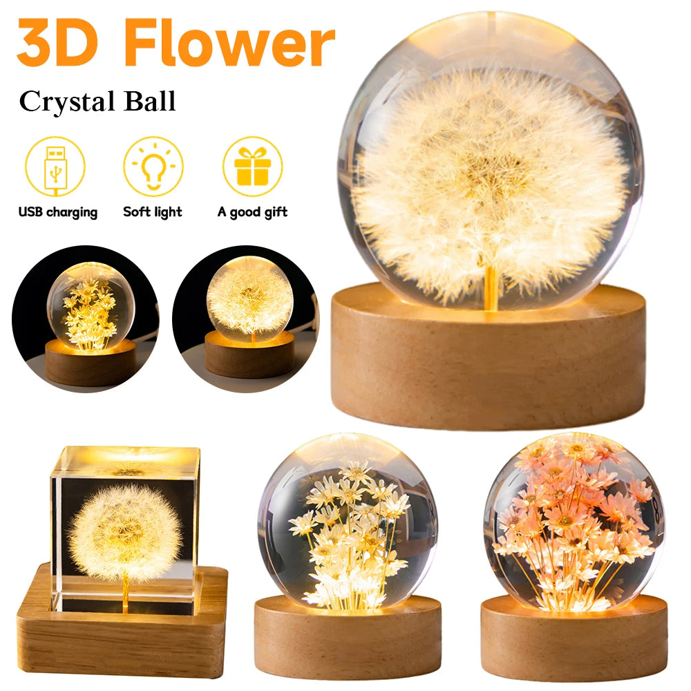 LED Night Light Flower Crystal Ball Children Night Lamp With Woodern Base Bedroom Ambient Light Creative Gift Night Light - Eloy Royal