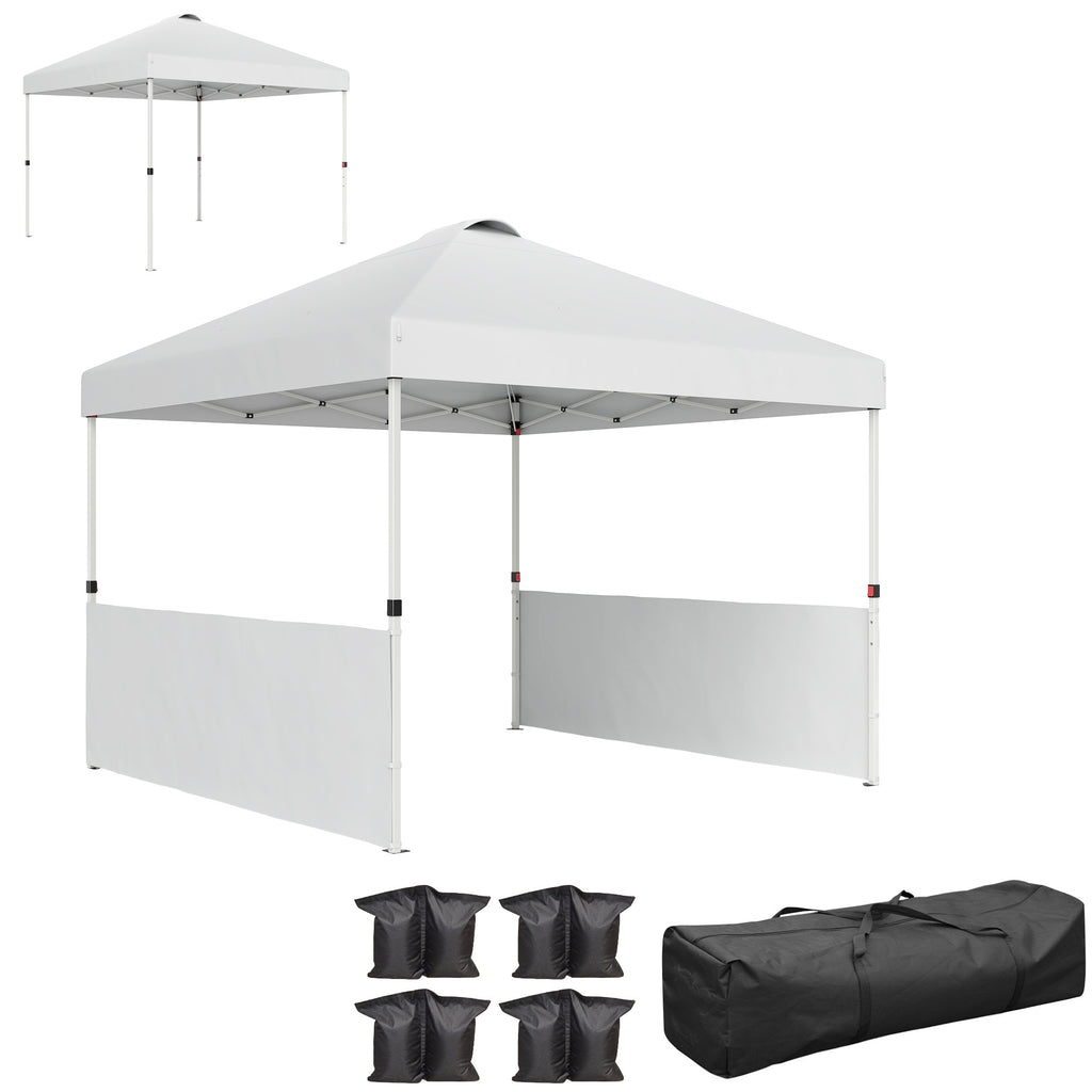 Outsunny 10' x 10' Pop Up Canopy Tent with 2 Half Sidewalls, UV50+ Height Adjustable Instant Sun Shelter with Wheeled Carry Bag, White