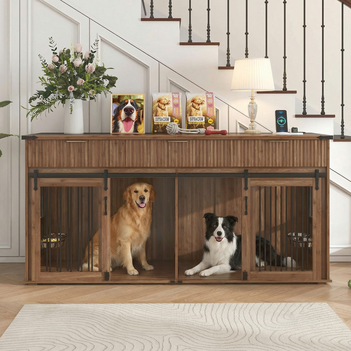 71'' Furniture Style Double Dog Crate with 3 Fluted Drawers and Waterproof Walnut Woodgrain Tabletop,Large Dog Kennel Furniture with Type-C Power Outlet & Rotating Feeders for Heavy Duty Dogs(Walnut)