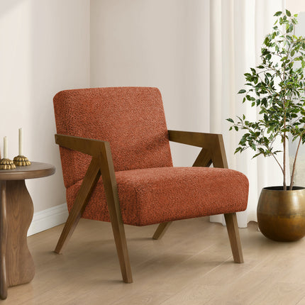 Accent Chair, 30'h, Upholstered, Living Room, Bedroom, Red Fabric, Brown Walnut Solid Wood, Modern, Mid Century