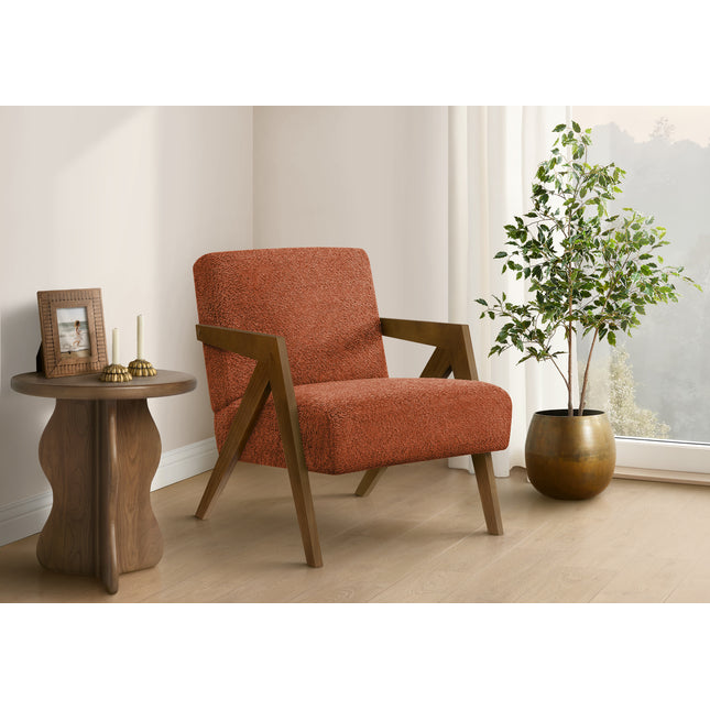 Accent Chair, 30'h, Upholstered, Living Room, Bedroom, Red Fabric, Brown Walnut Solid Wood, Modern, Mid Century