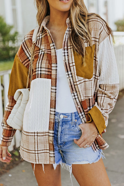 Orange Plaid Color Block Patchwork Pocket Shirt Shacket - Eloy Royal