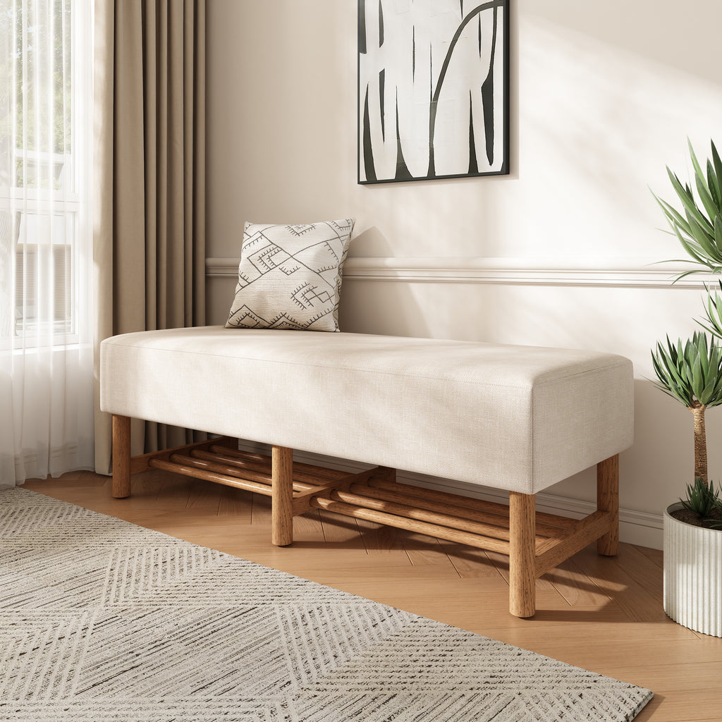 Rectangular Upholstered Linen Fabric Ottoman Bench, Solid Wood Legs, Beige  (old sku N757P296699I)